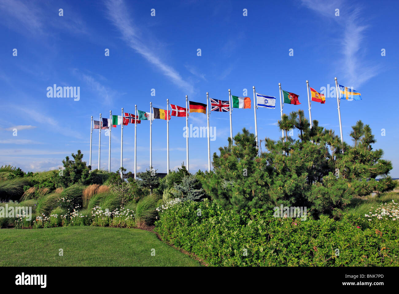 Flags of countries that lost citizens in crash of TWA Flight 800 Smith Point Park Long Island NY Stock Photo