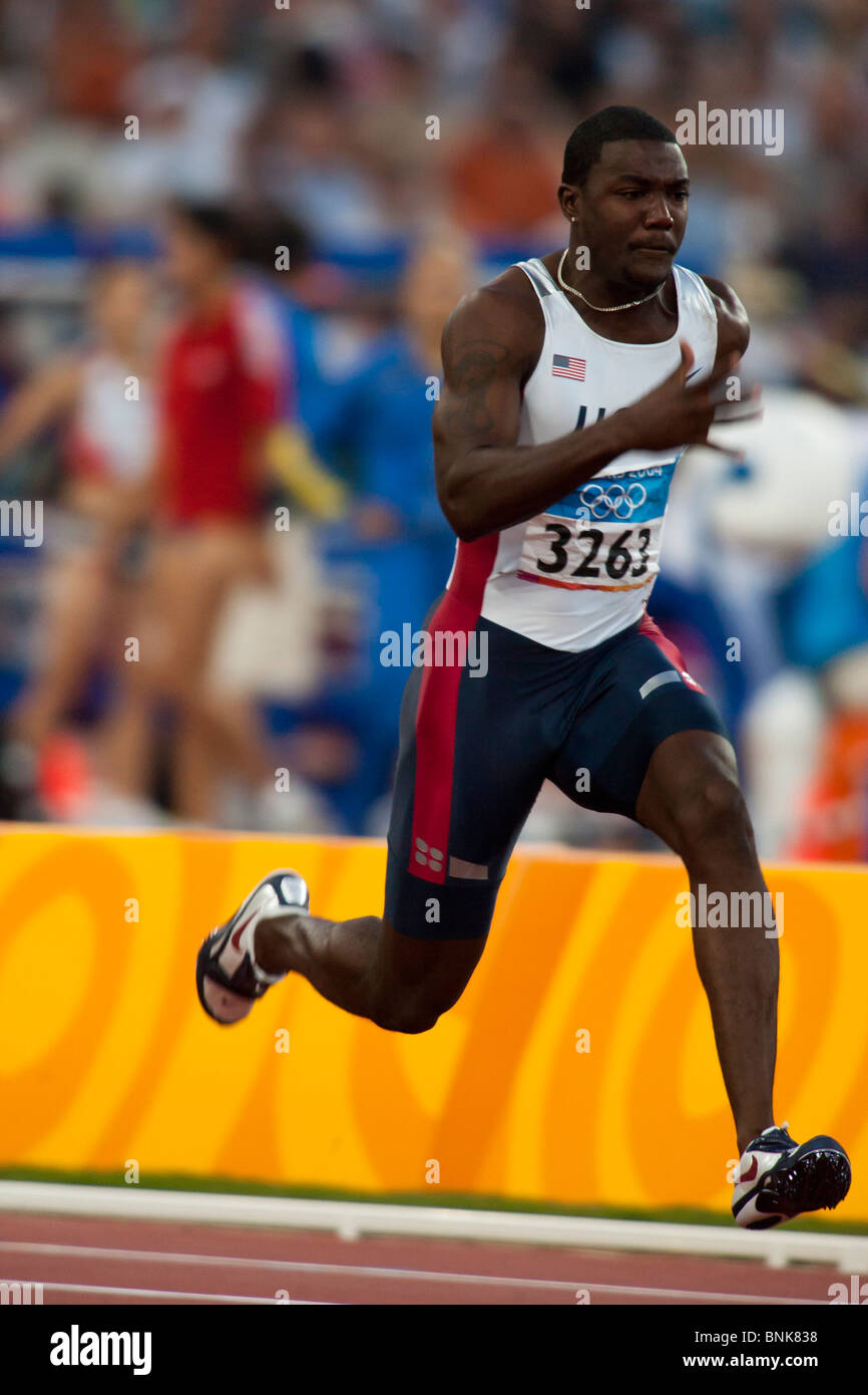 Justin Gatlin (USA) competing in the Men's 100m round 2 at the 2004 Olympic Summer Games, Athens, Greece. August 21, 2004 Stock Photo