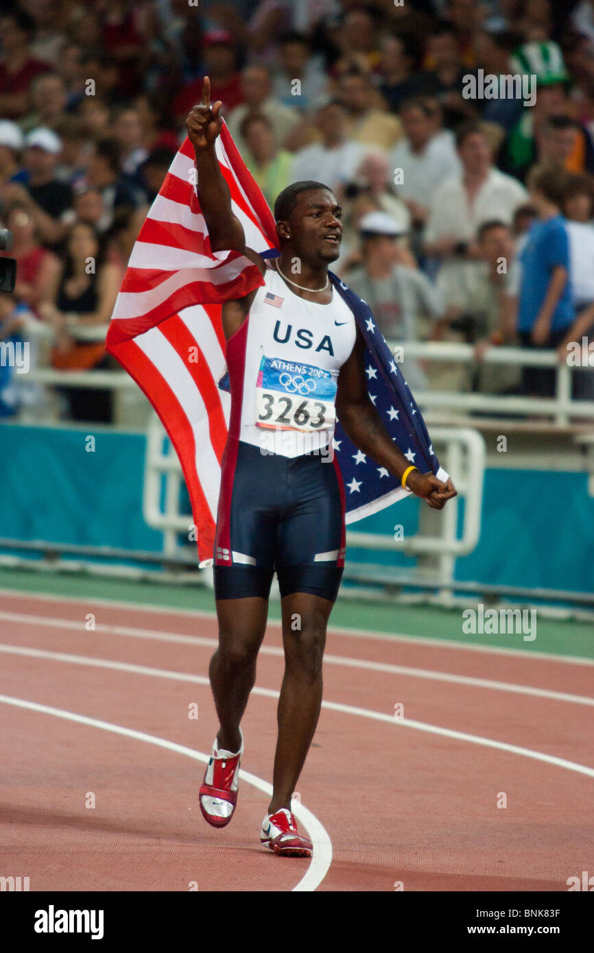 Justin Gatlin (USA) after winning the Men's 100m at the 2004 Olympic