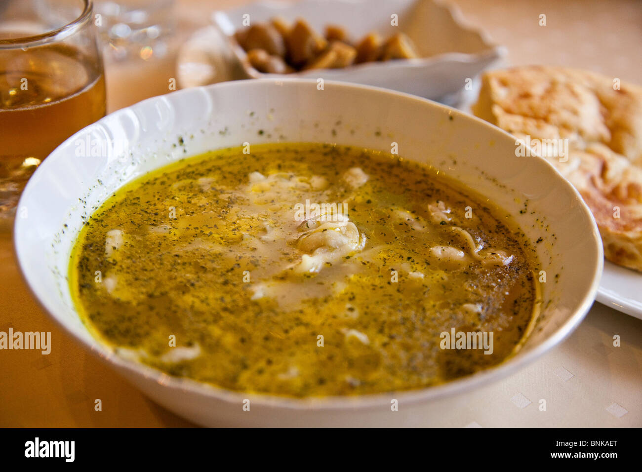 Dushbara in a restaurant in Baku, Azerbaijan Stock Photo