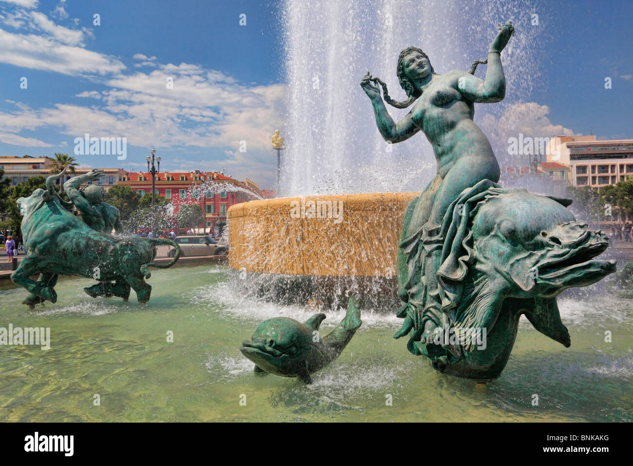 Fountains at Place Massena in downtown Nice on the French Riviera (Cote d'Azur) Stock Photo