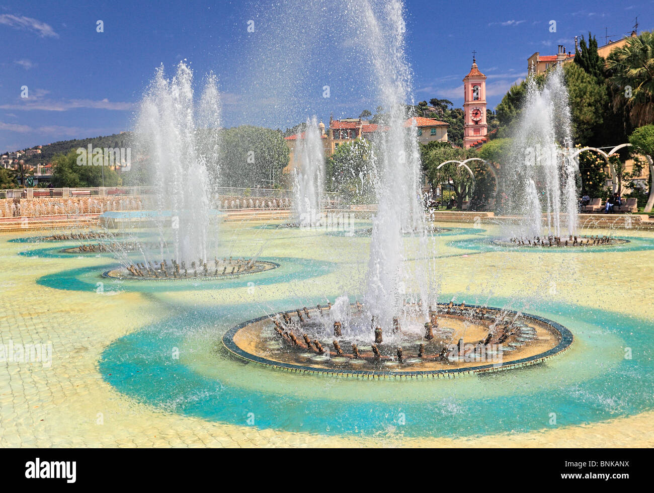 Fountains at Place Massena in downtown Nice on the French Riviera (Cote d'Azur) Stock Photo