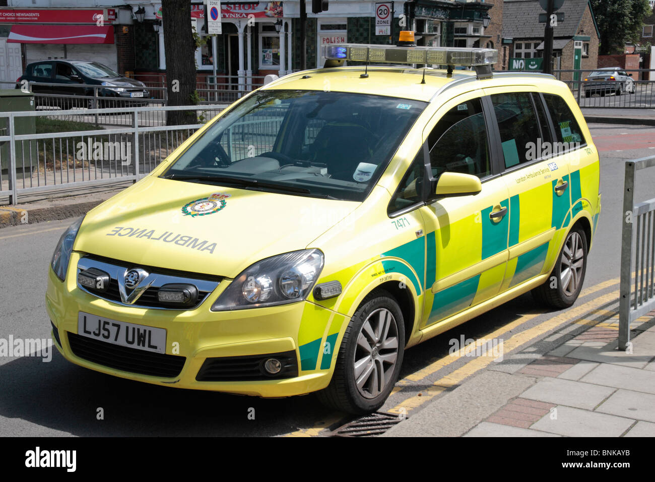 A London Ambulance paramedic car parked on double yellow lines at the