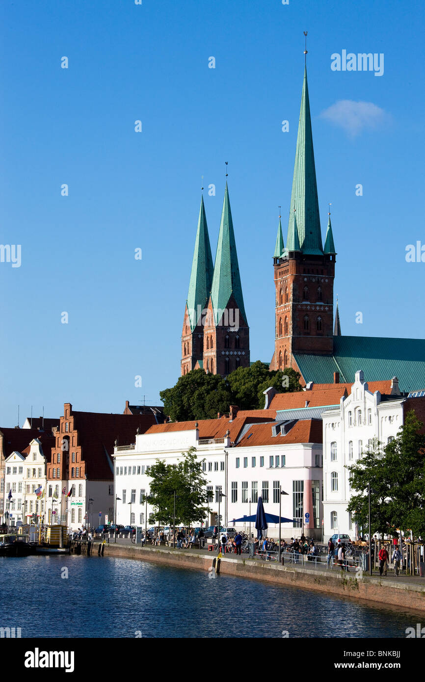 Germany Lübeck world cultural heritage Obertrave canal channel water churches travel tourism holidays vacation Stock Photo