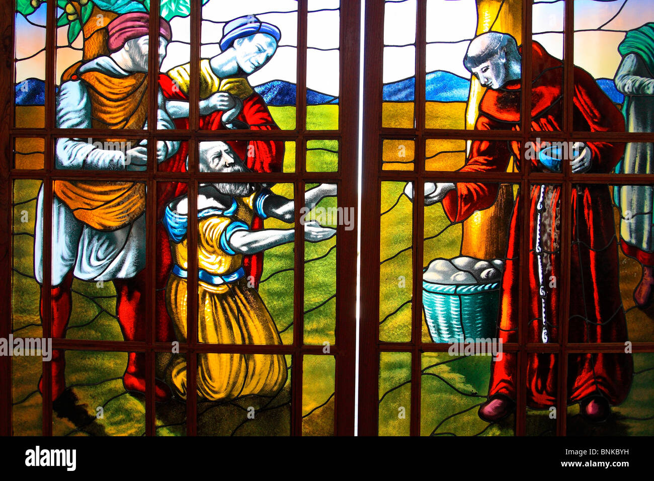 Stained glass windows inside San Antonio church in the village of