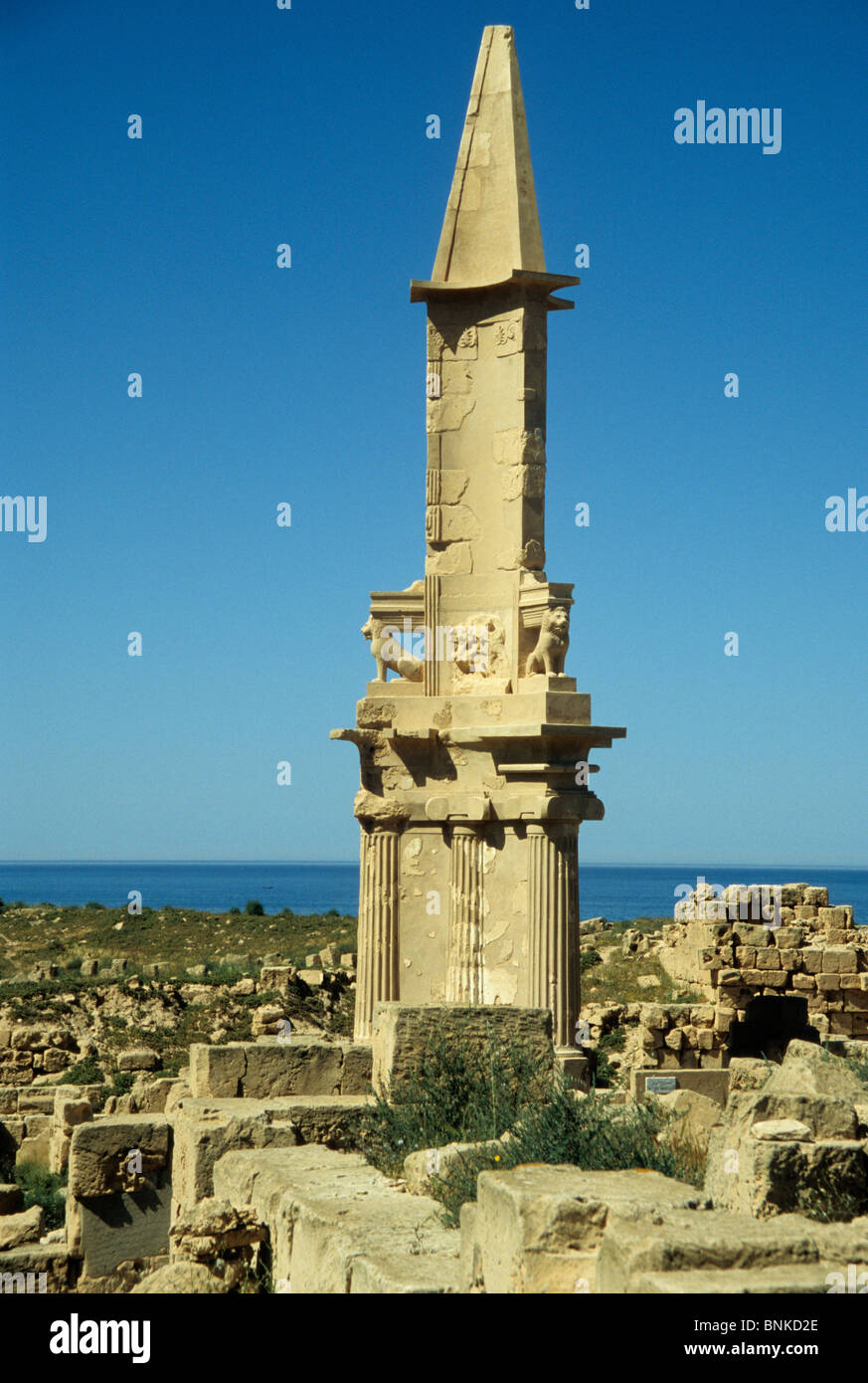 The reconstructed punic mausoleum of Bes, Sabratha, Libya Stock Photo
