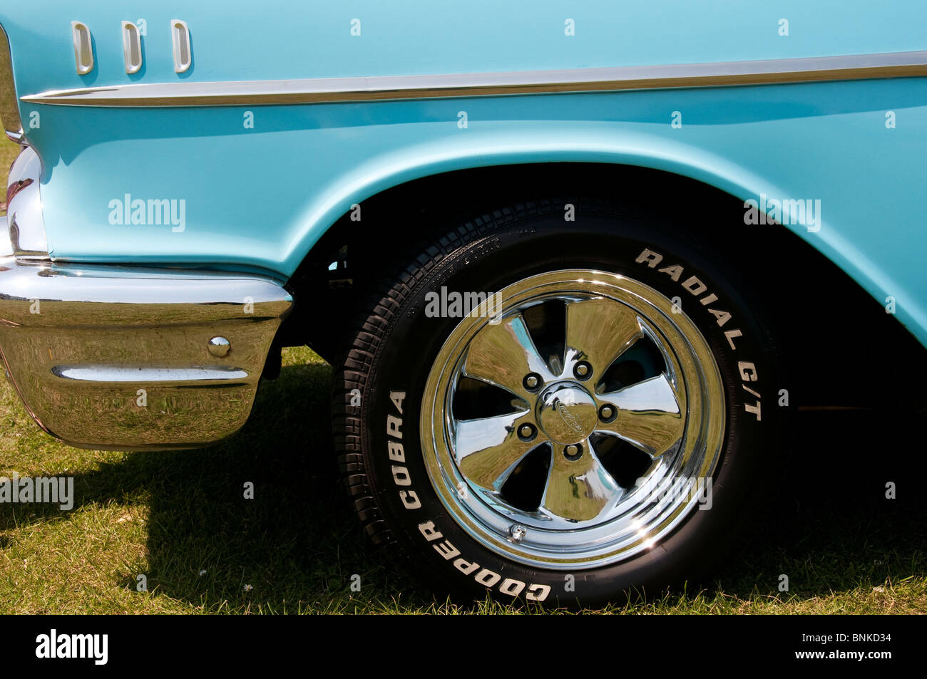 Front wheel of a classic 1957 Chevrolet Bel Air car Stock Photo