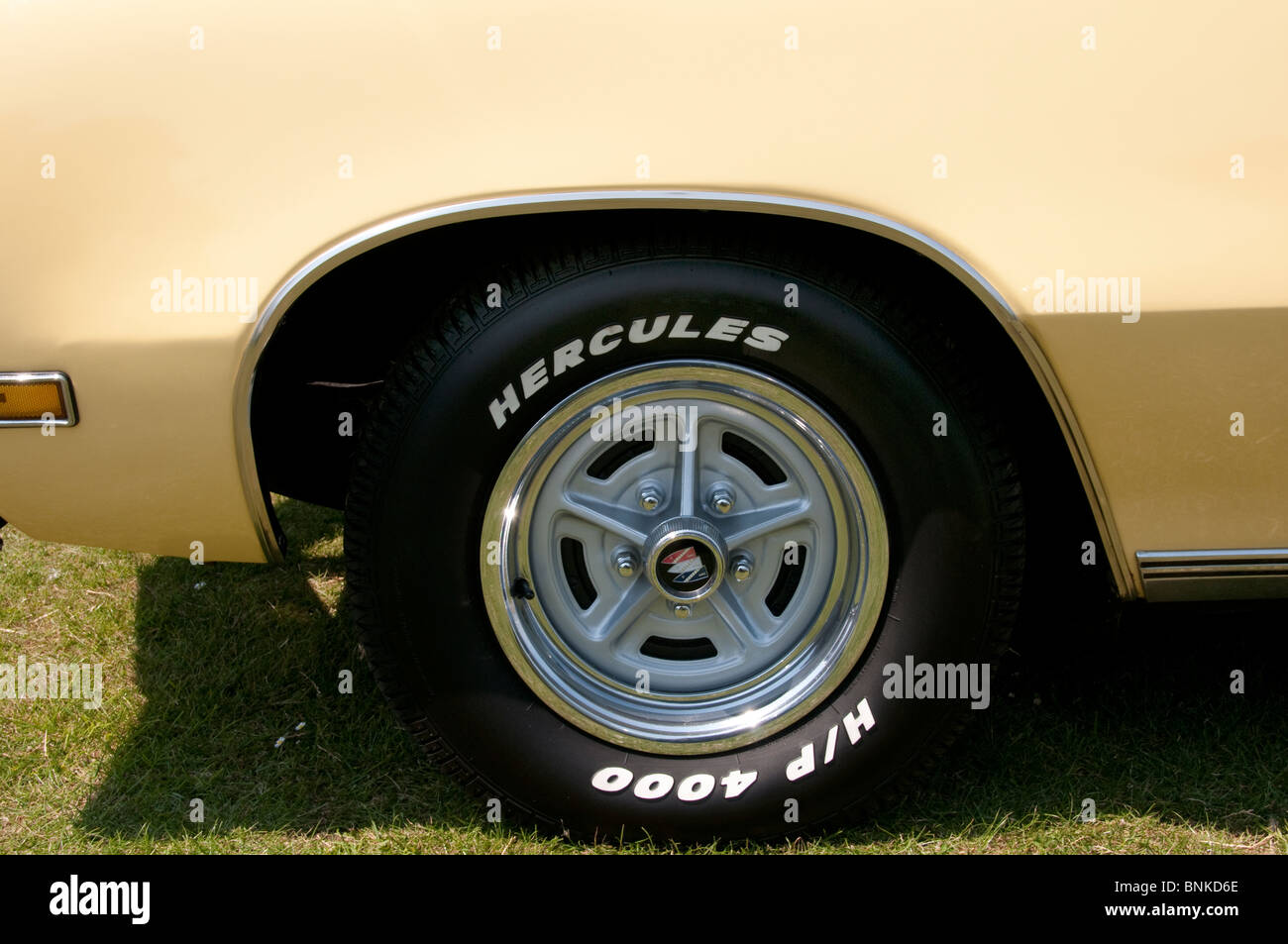 Wheel of a classic yellow 1970 Buick Skylark car Stock Photo