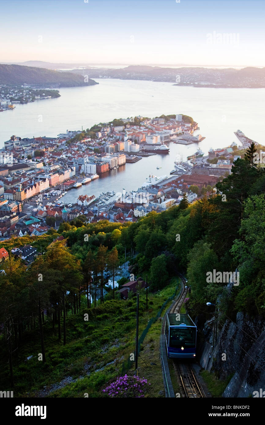Norway Scandinavia Bergen town city view Floyen mountain funicular railway harbour port travel holidays vacation tourism, Stock Photo