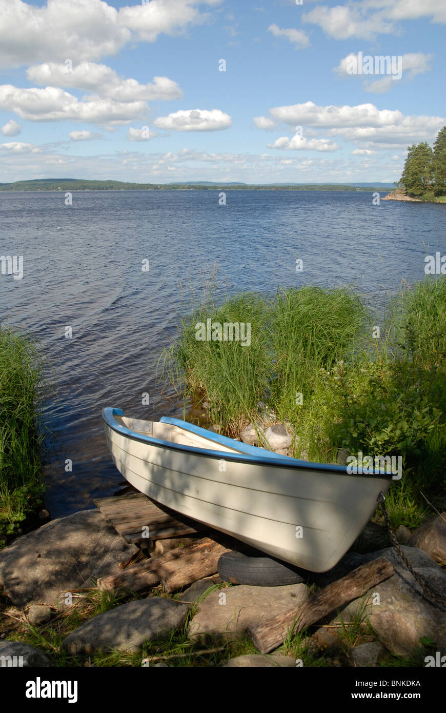 Small boat at the lake Glafsfjorden near the town Glava, western Värmland, Sweden Stock Photo