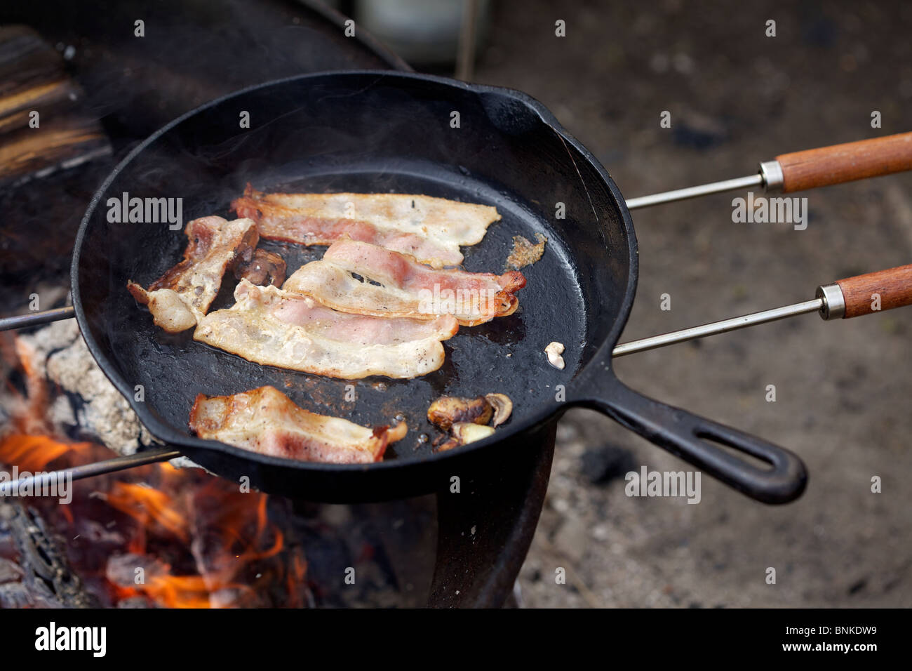 Cooking bacon on campfire Stock Photo