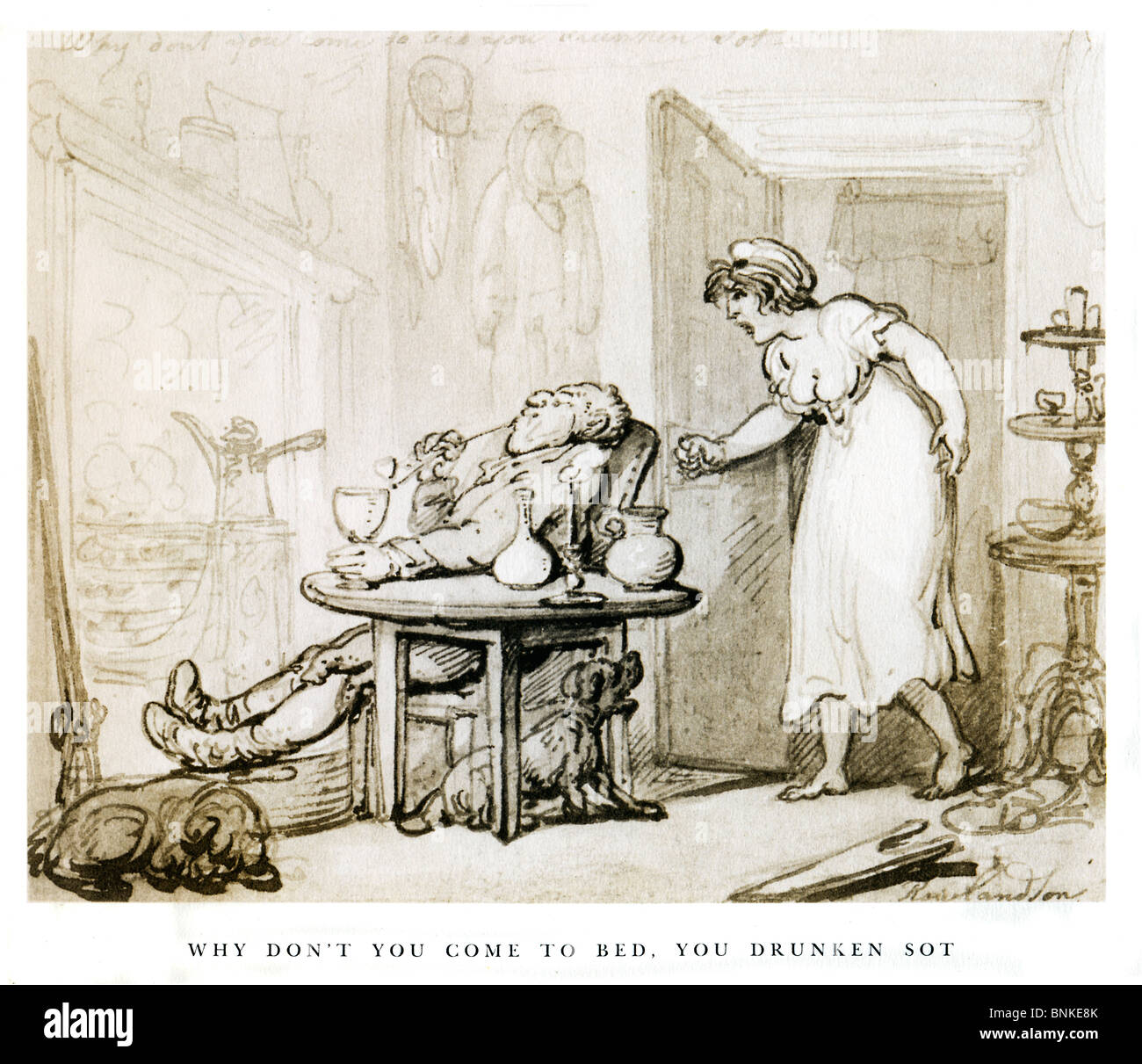 Rowlandson, Come to Bed Drunken Sot, Georgian cartoon of man contentedly smoking and drinking by the fire roused by his nagging wife Stock Photo