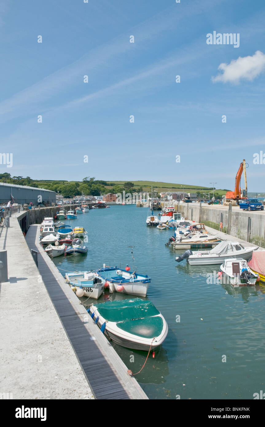 Assorted boats in outer harbour Padstow Cornwall, England Stock Photo