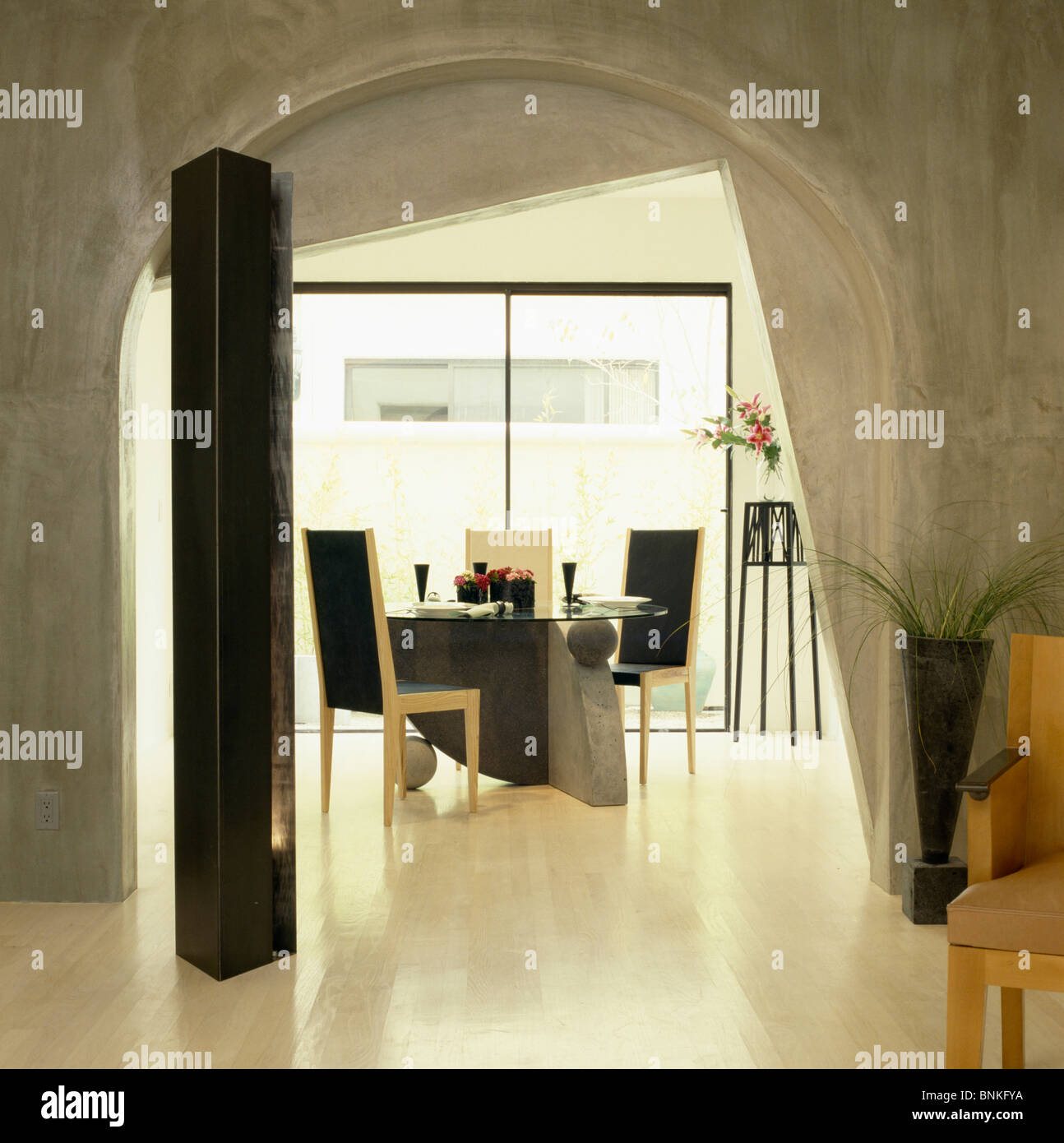 Cement Plaster Arch With Stucco Finish In Modern Dining Room With