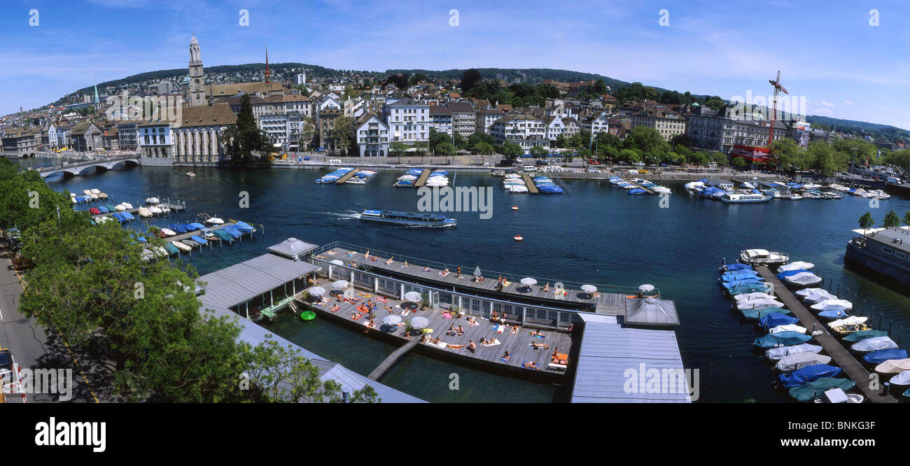 Switzerland Zurich Badi Frauenbadi bath bathing swimming-pool swimming floatation canton Zurich town city panorama Limmat boats Stock Photo