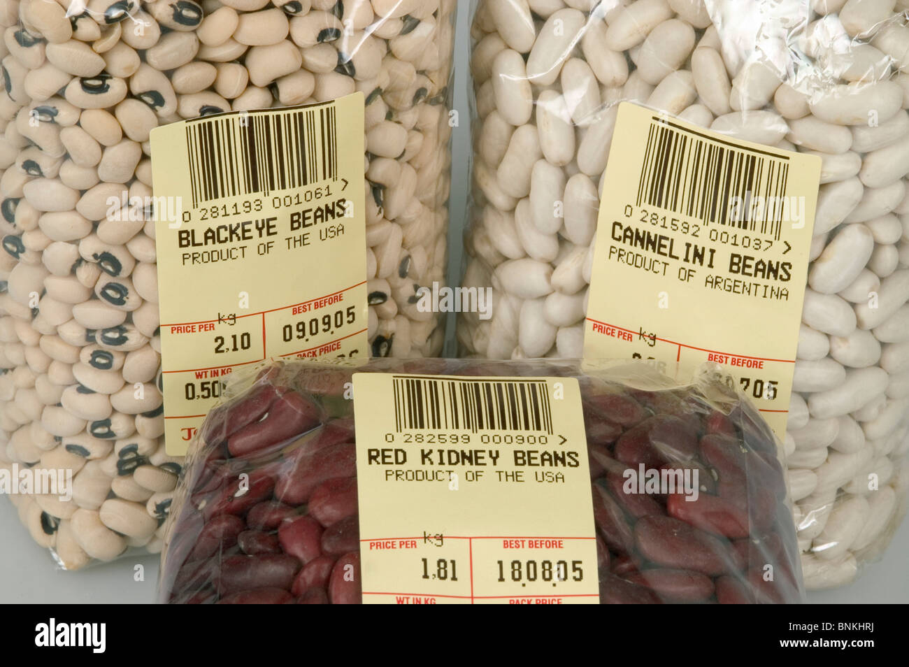 Pulse crops, phaseolus beans in packs -red kidney beans, black-eyed beans, cannelini beans Stock Photo