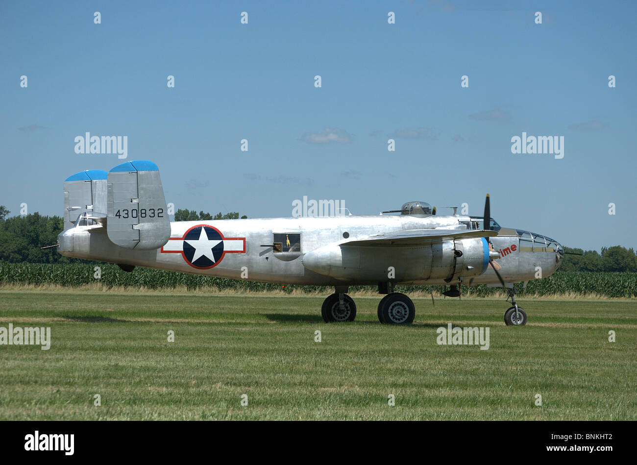 B25 bomber taxis on Geneseo Air Show runway. Stock Photo