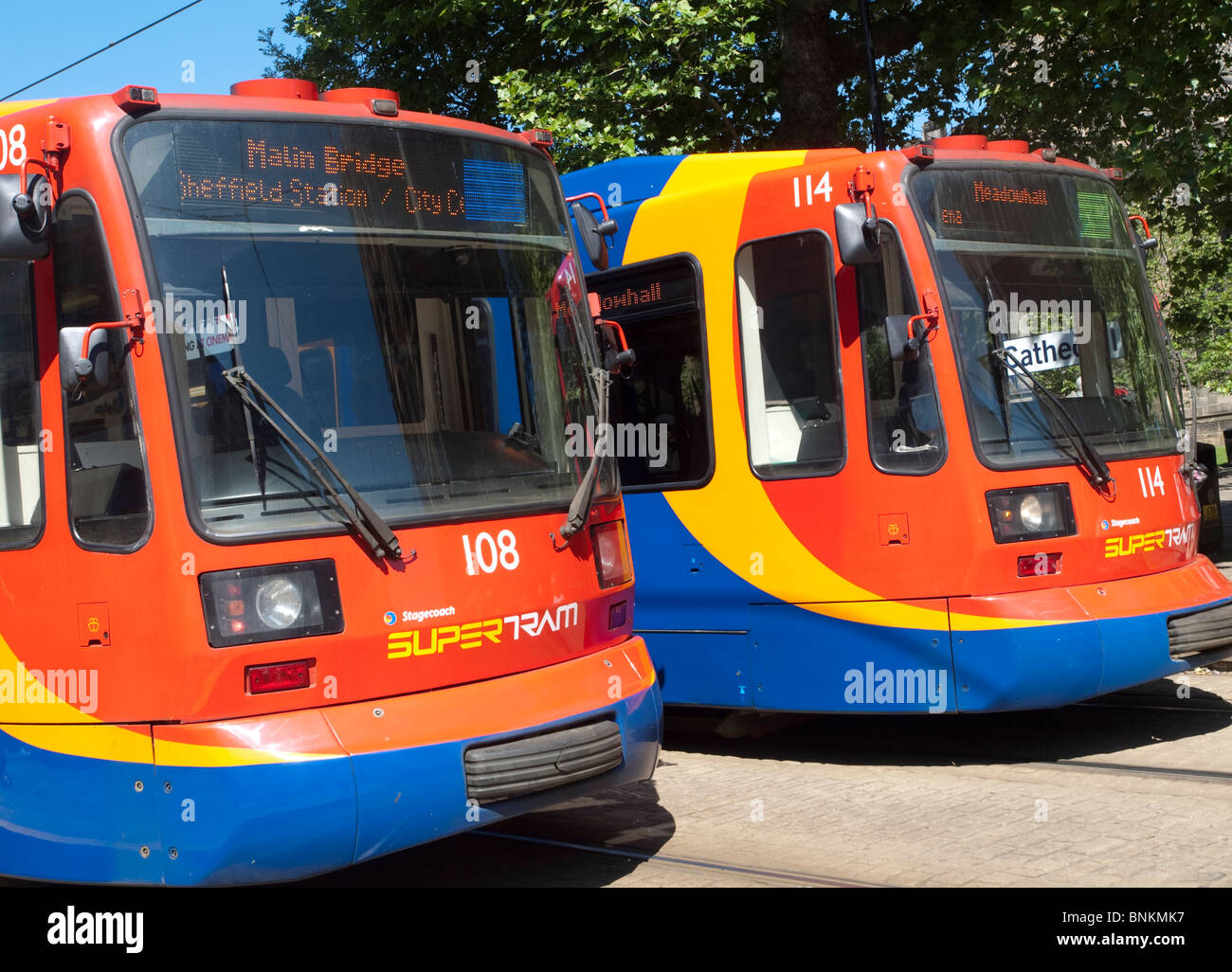 Trams on High Street in Sheffield City Centre, South Yorkshire England UK Stock Photo