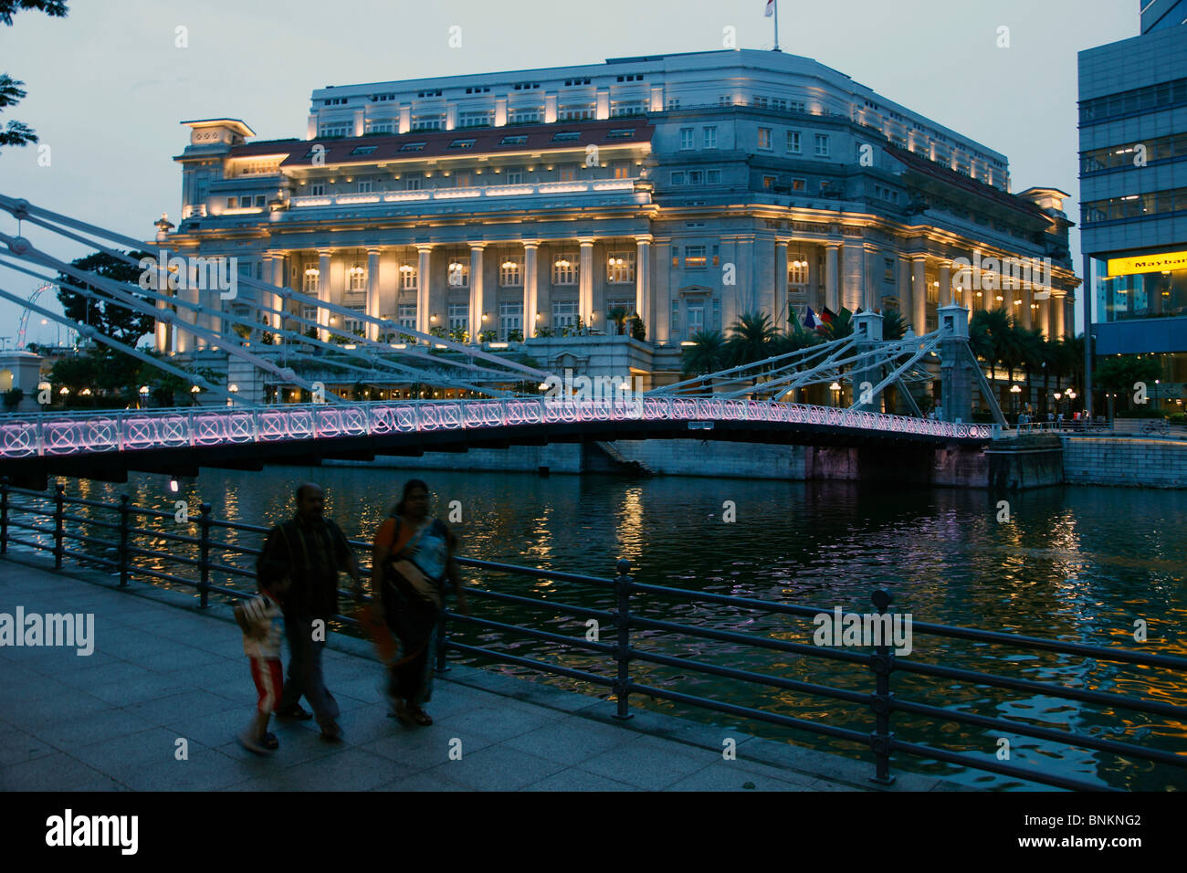 Singapore, Fullerton Hotel, Cavenagh Bridge, Singapore River, Stock Photo