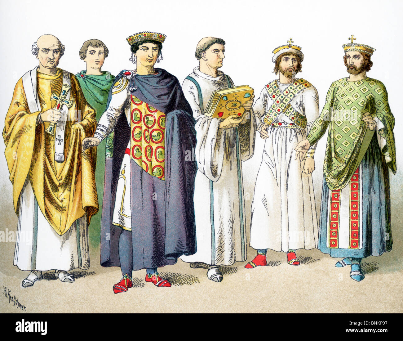 The Byzantine figures (from 300-700) are: Bishop Maximianus, noble, Emperor Justinian, priest, Emperors Phocas and Justinian. Stock Photo