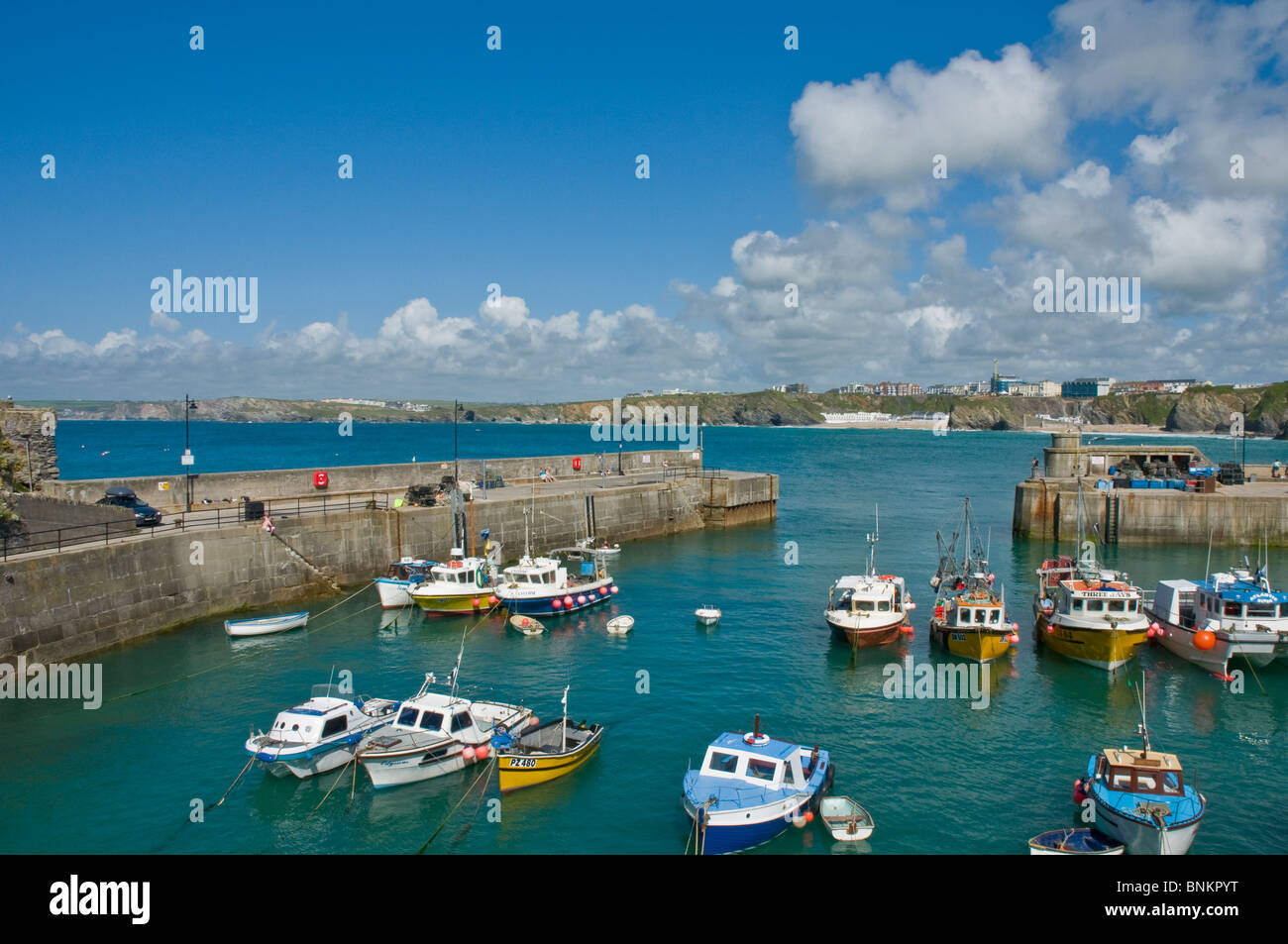 Fishing boats, boats and yachts in harbour Newquay Cornwall England Stock Photo