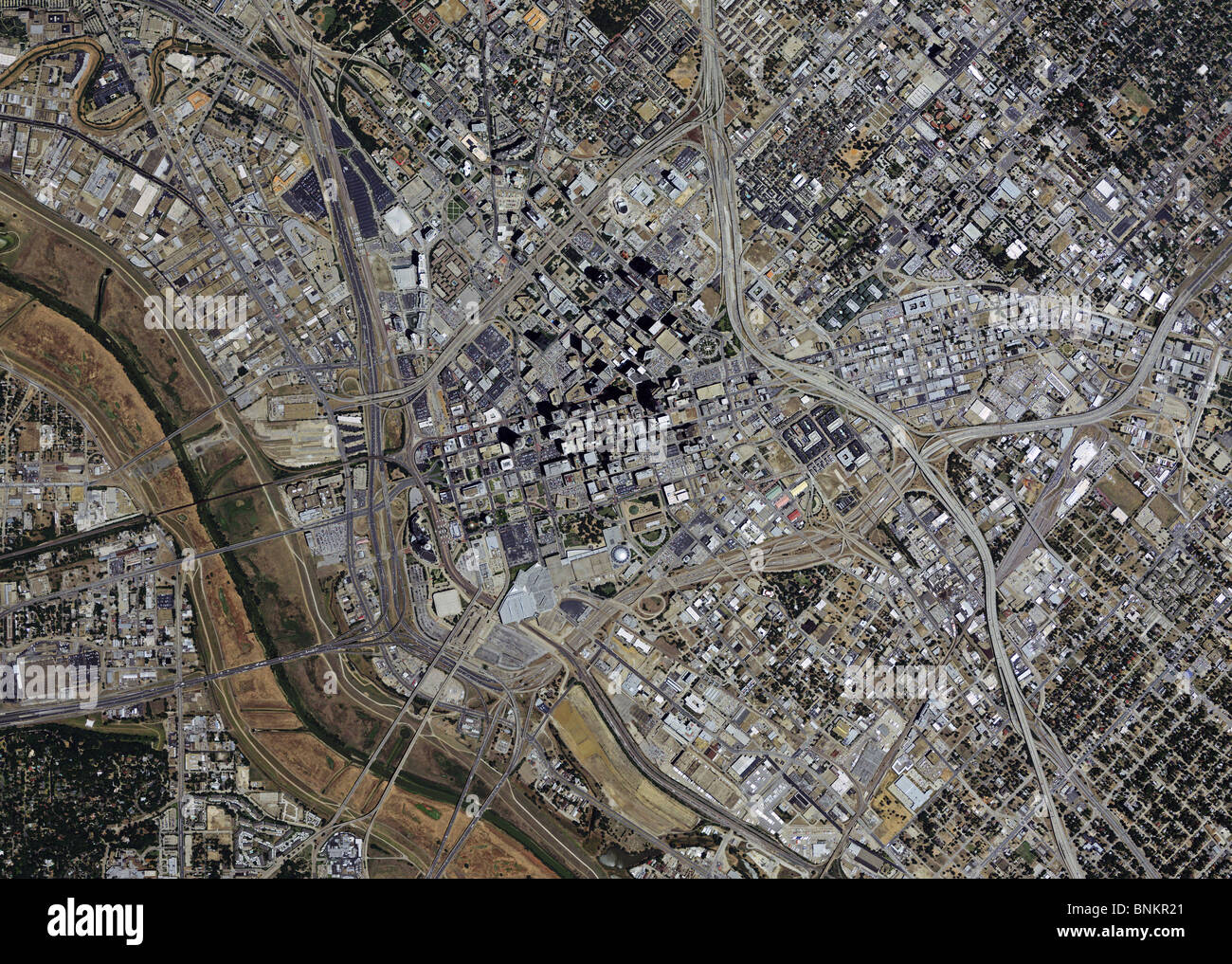 aerial map view above downtown Dallas Texas Stock Photo