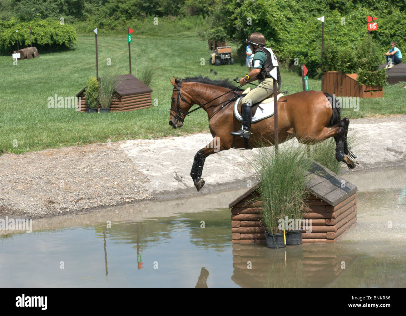 Horse and Rider compete in Cross Country portion of Stuart Horse Trials 2010 in Victor NY USA. Stock Photo
