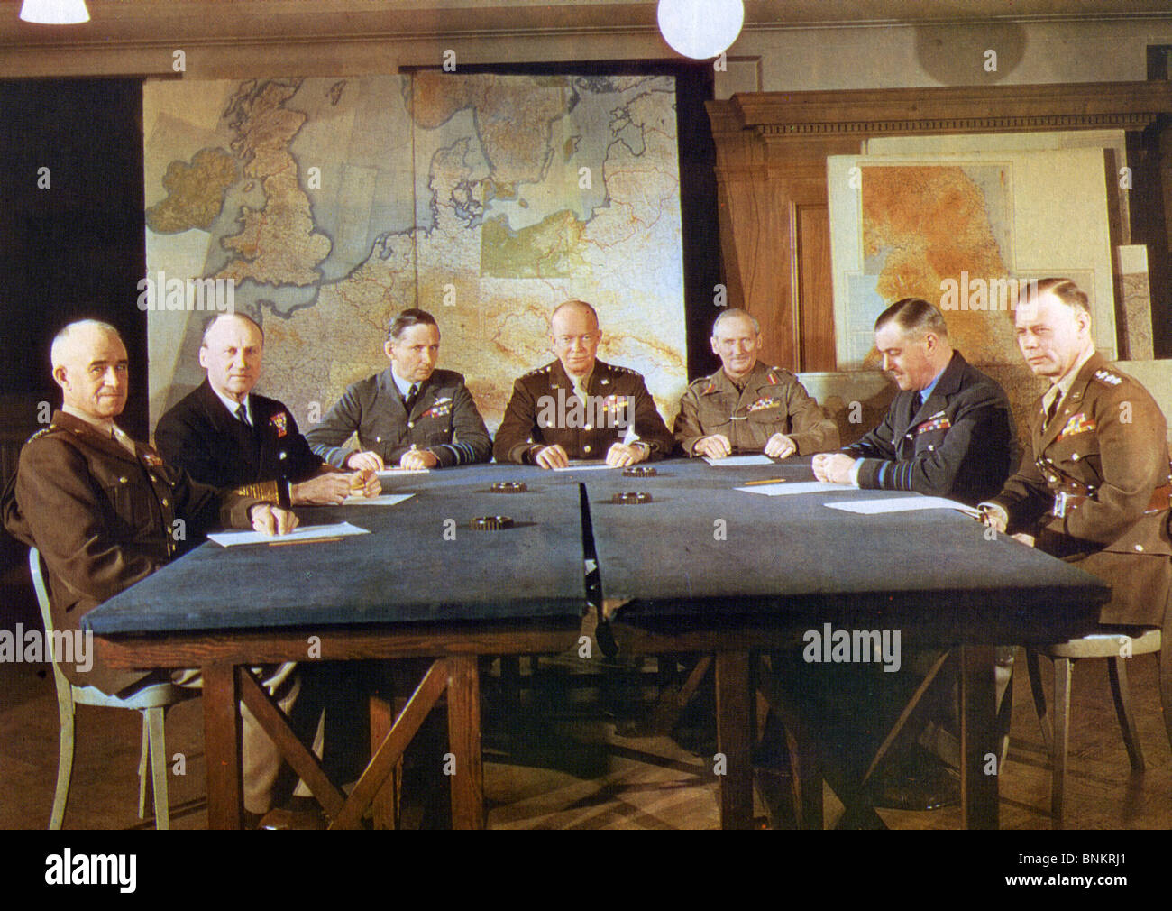 ALLIED COMMANDERS AT SHAEF HQ, London, in May 1944 to finalise details for Operation Overlord - the invasion of France in June. From left: General Omar Bradley, Commander of US land forces, Admiral Bertram Ramsay, Naval Commander; Air Chief Marshall Arthur Tedder, deputy Supreme Commander, General Dwight D Eisenhower, Supreme Commander, Field Marshal Bernard Montgomery, Commander all Land Forces, Air Chief Marshal Leigh-Mallory, Air Forces Commander in Chief, General Bedell Smith, Chief of the General Staff  Edit Stock Photo