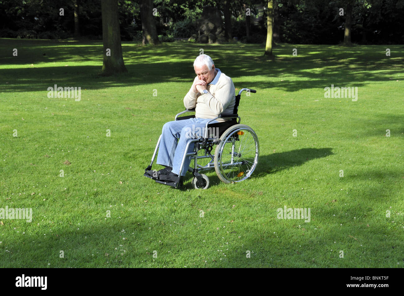 Wheel chair hinders park hopelessly nature meadow pensioner retiree boss senior citizen desperately sadly only old man husband Stock Photo