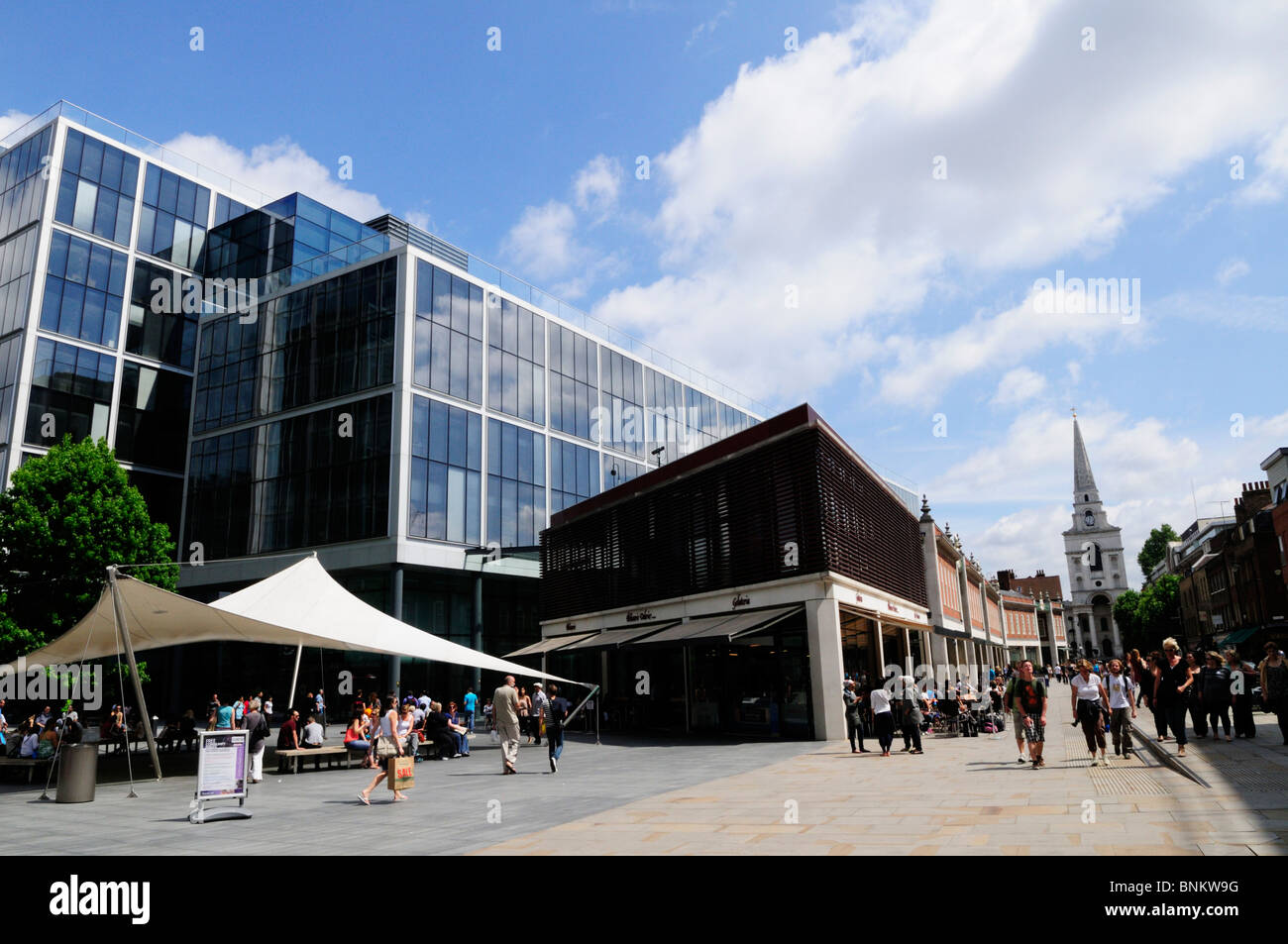 Brushfield Street looking towards Christ Church, Spitalfields, London, England, UK Stock Photo