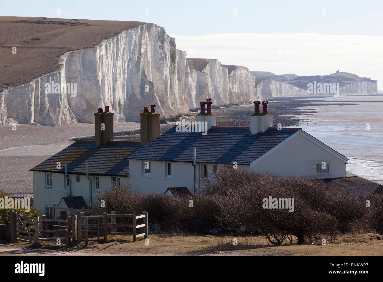 Coastguard cottages at Birling Gap, part of the Seven Sisters cliffs range, East Sussex Stock Photo