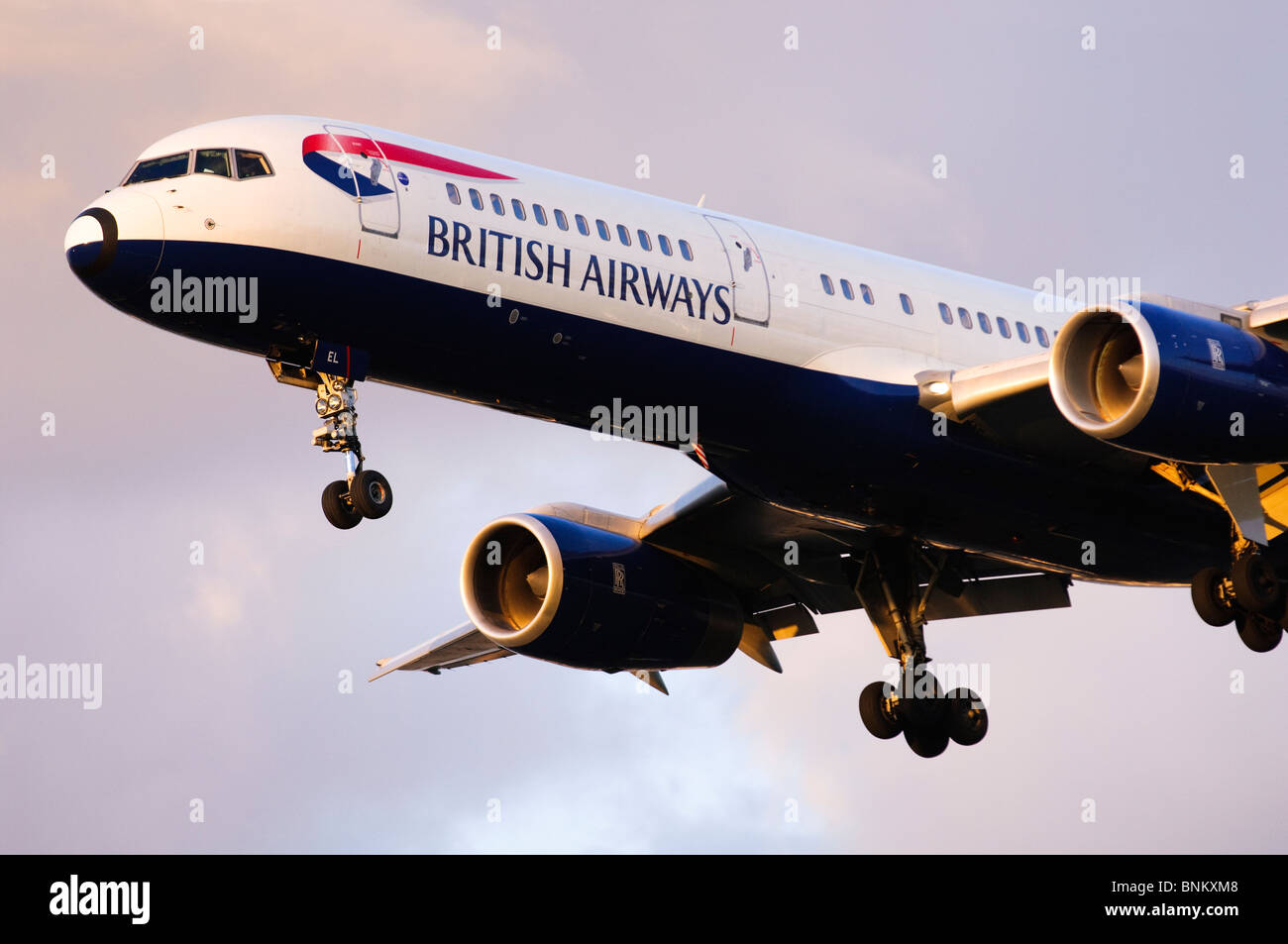 Boeing 757 operated by British Airways on approach for landing at London Heathrow Airport, UK. Stock Photo