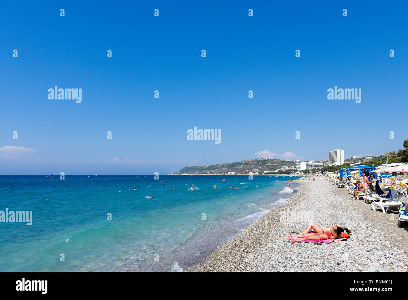 Beach at Ixia, near Ialyssos, Bay of Trianda, Rhodes, Greece Stock Photo