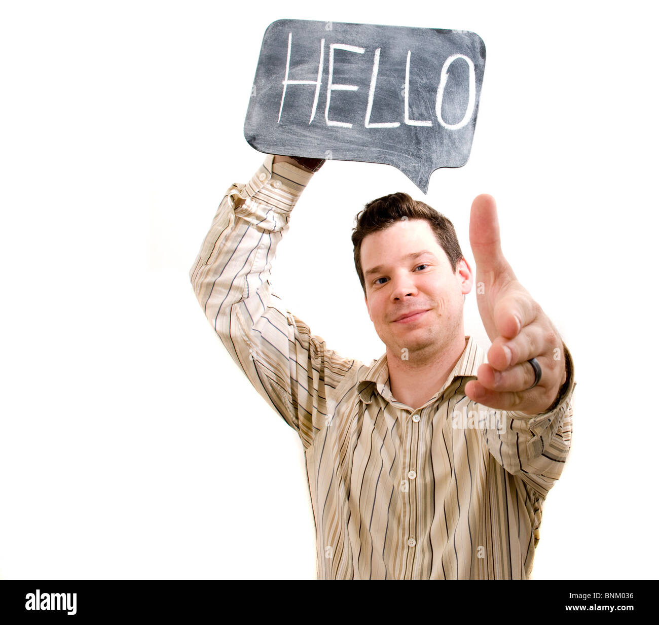 Portrait of Male Saying Hello with Chalkboard Bubble Extending Handshake. Stock Photo