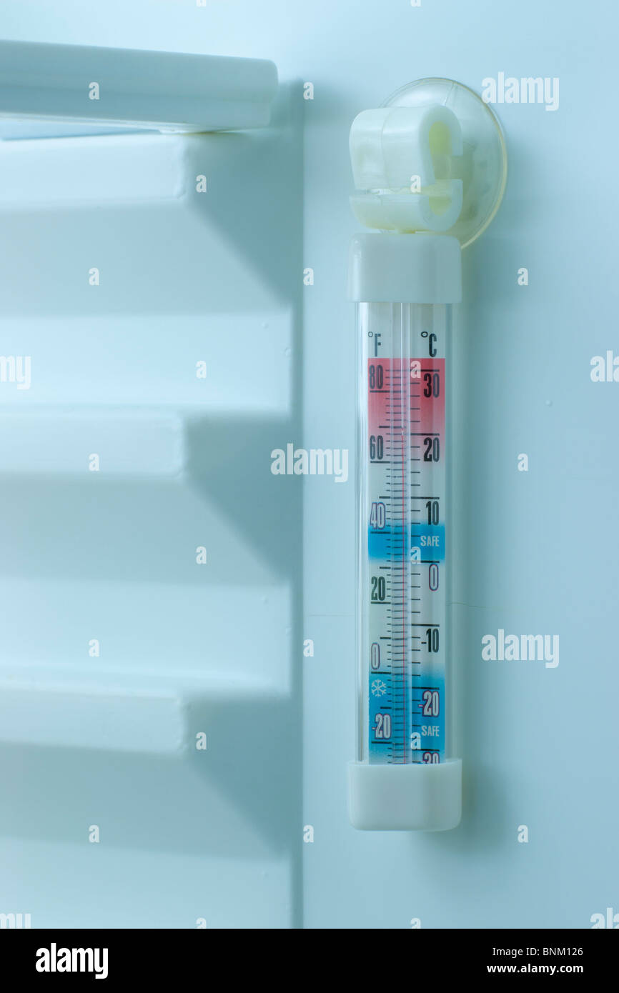 Domestic Fridge thermometer to measure the internal temperature of a fridge. Stock Photo