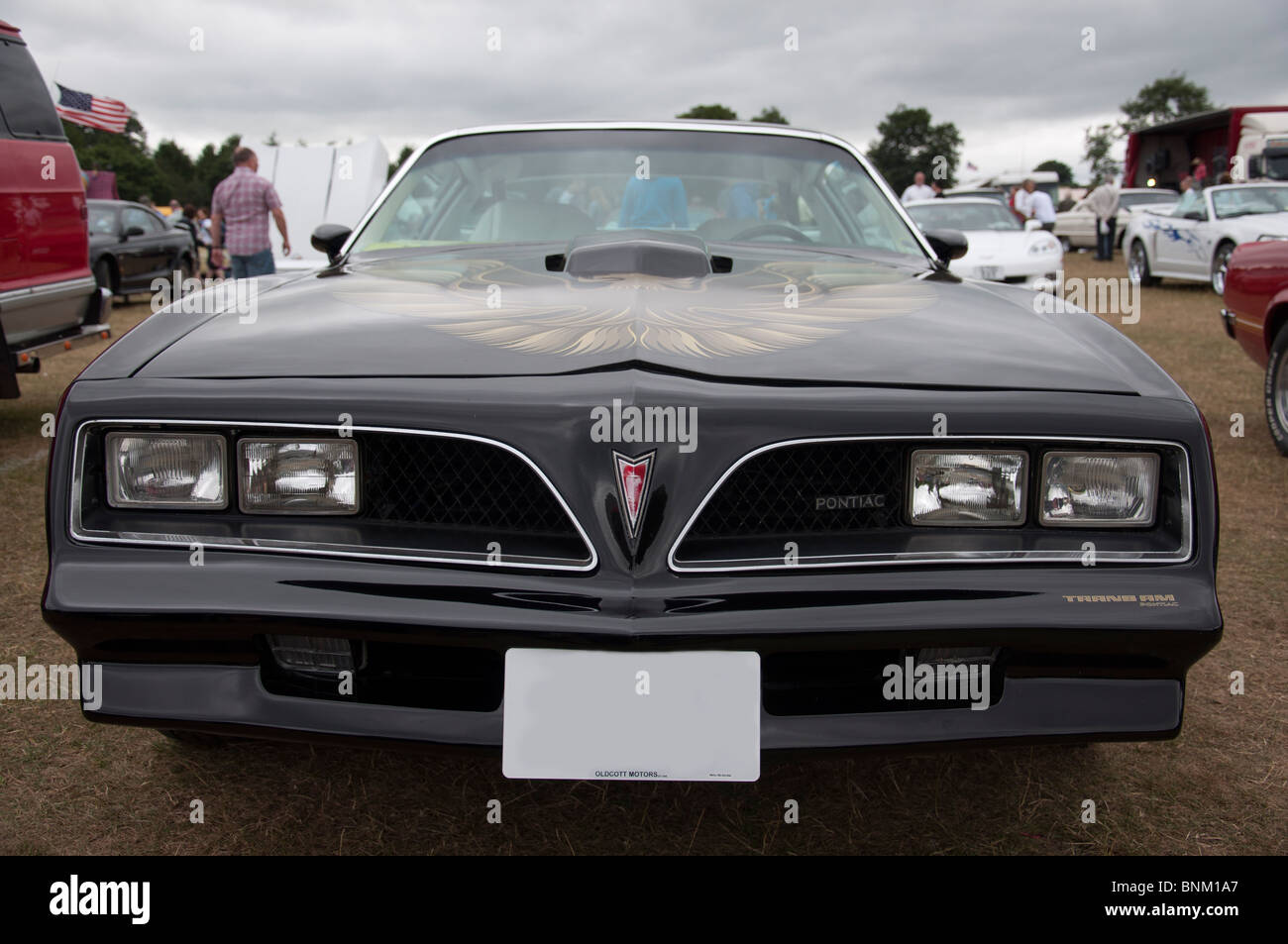The front of a 1978 Pontiac Trans Am car at an American car show on 4th July 'Independence day' in Tatton Park, Cheshire. Stock Photo
