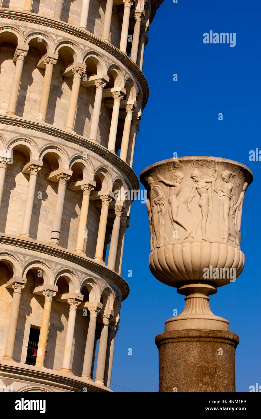 Carved Urn in front of the Leaning Tower, Pisa Tuscany Italy Stock Photo