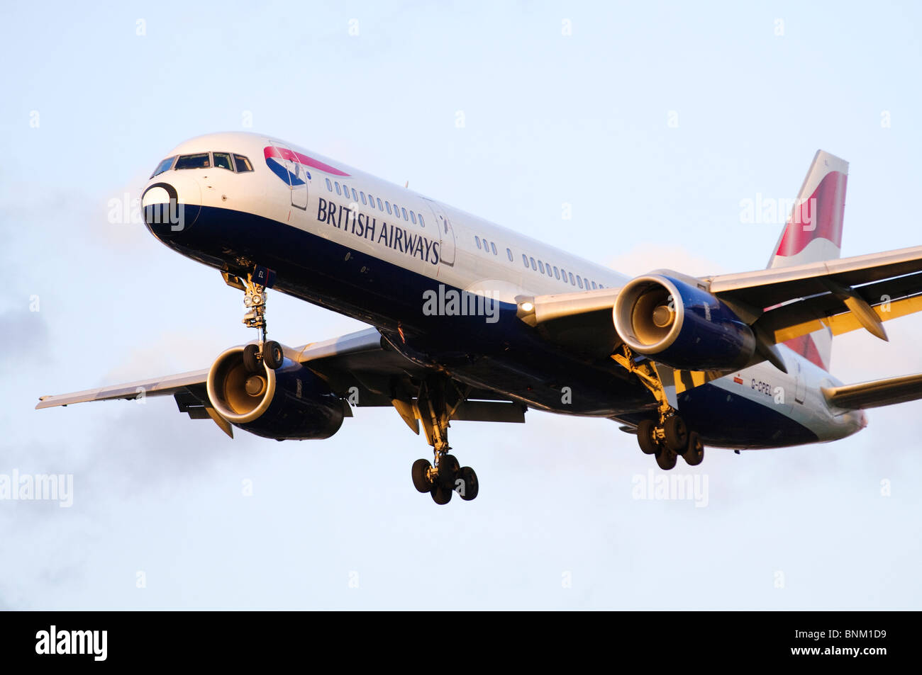 Boeing 757 operated by British Airways on approach for landing at London Heathrow Airport, UK. Stock Photo