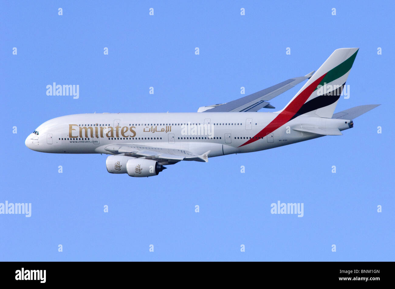 Emirates Airbus A380  in flight after departure from London Heathrow Airport, UK. Stock Photo