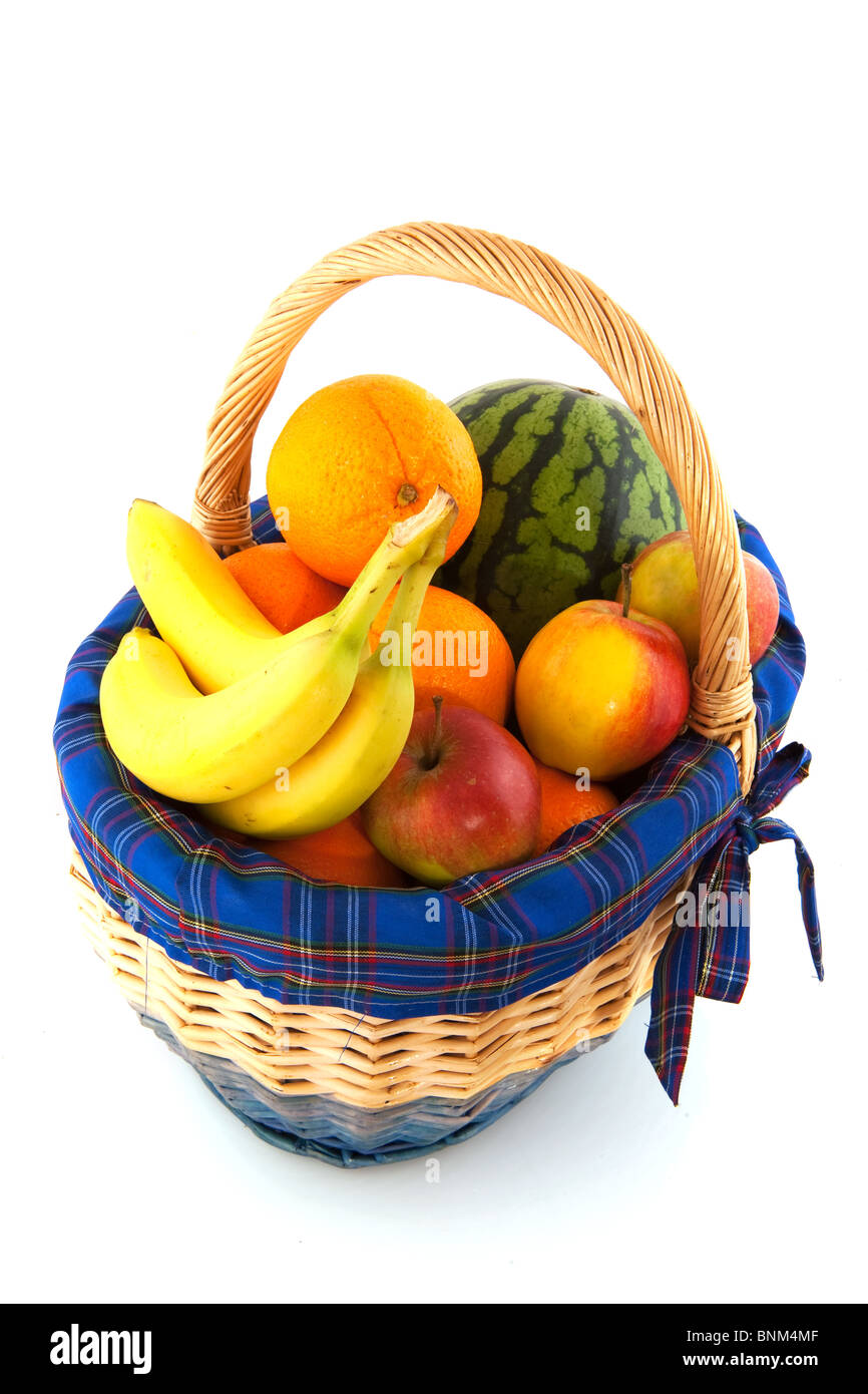Cheerful blue cane basket with fresh fruit Stock Photo Alamy