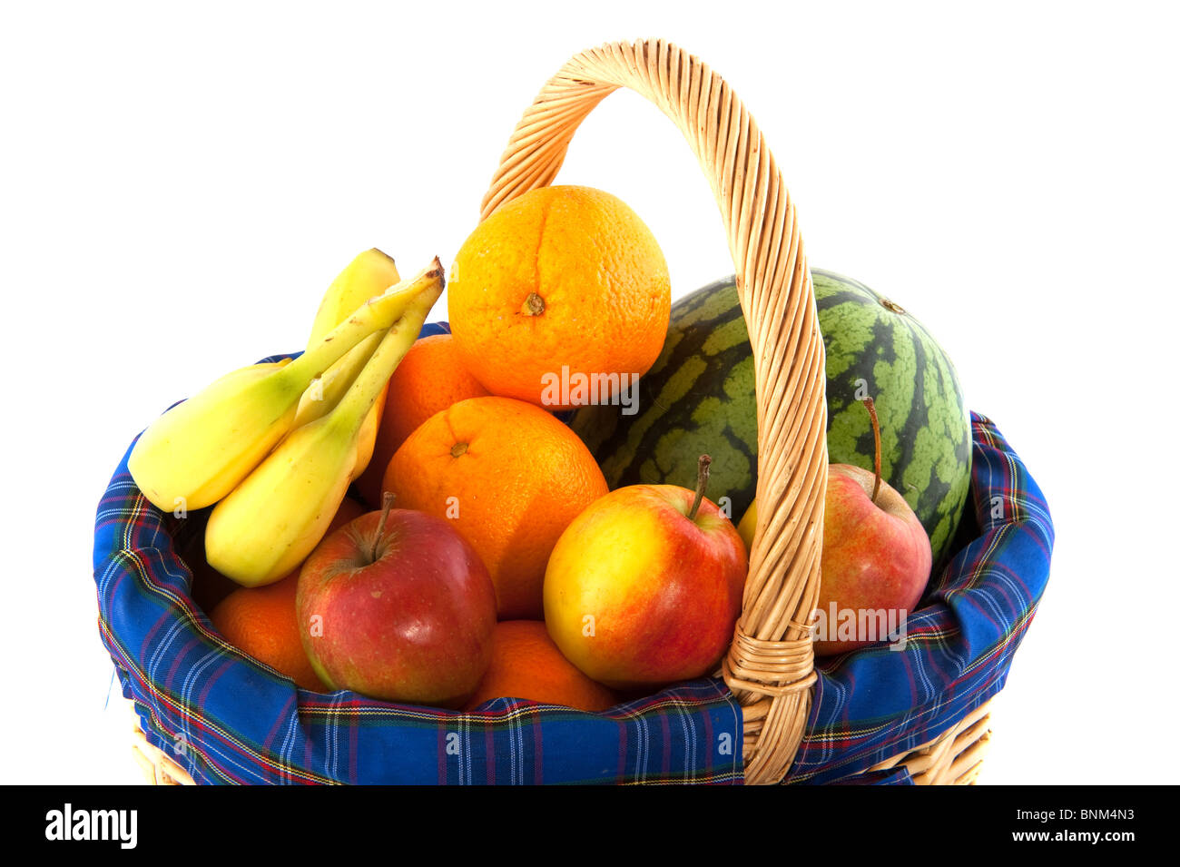 Cheerful blue cane basket with fresh fruit Stock Photo Alamy