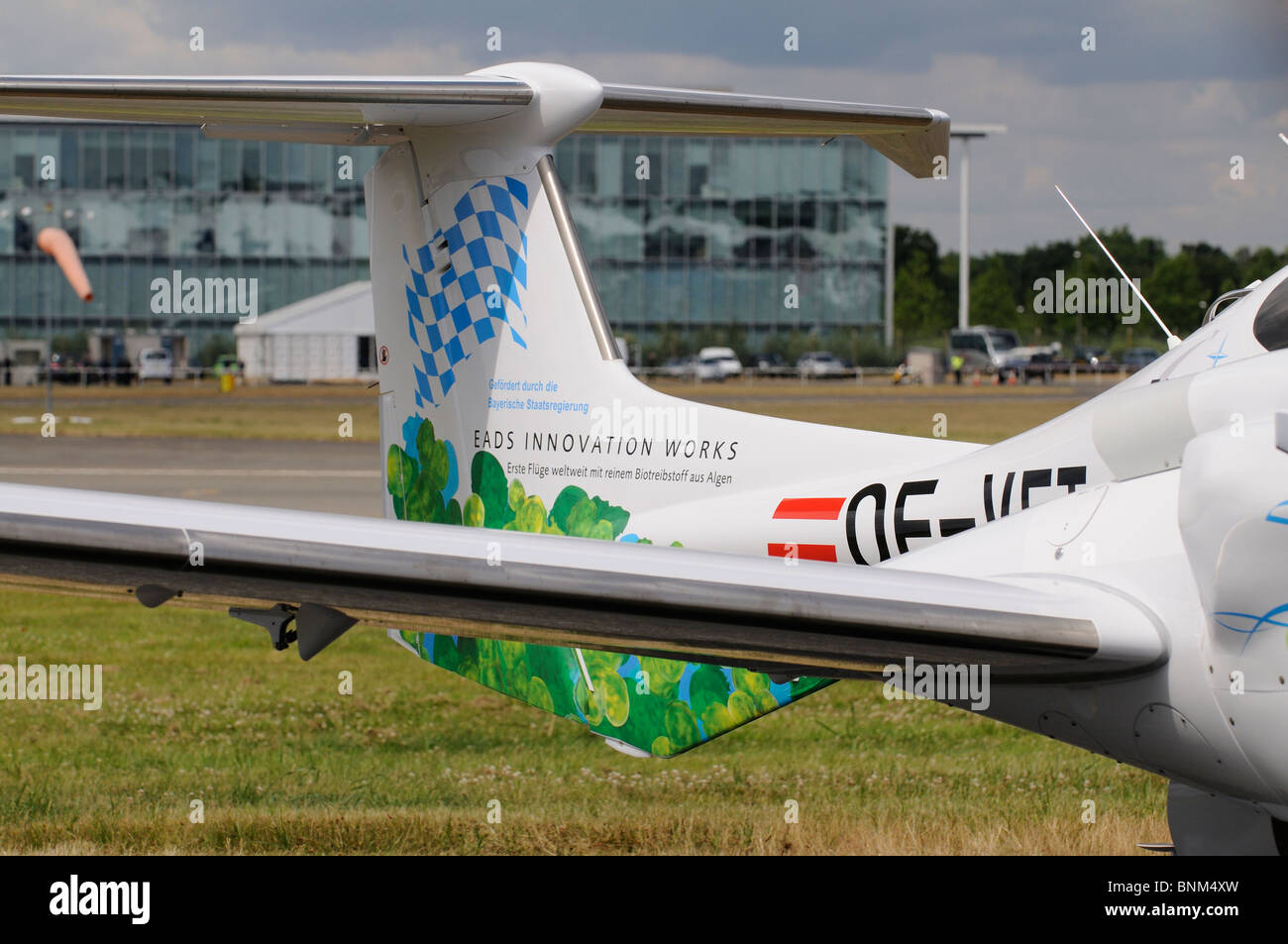 A Diamond DA 42 New Generation aircraft which flys on pure biofuel produced from algae on display at Farnborough Air Show UK Stock Photo