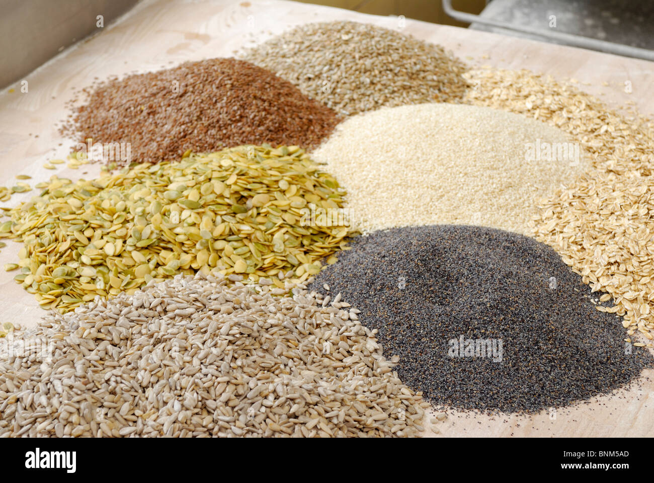 different types of grains as ingredients of baking bread Stock Photo