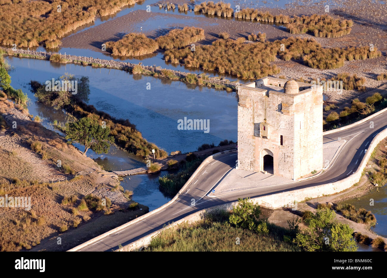 France Camargue Department Gard Aigues Mortes old town aerial view city wall from above aerial photo Tour Carbonnière tower Stock Photo