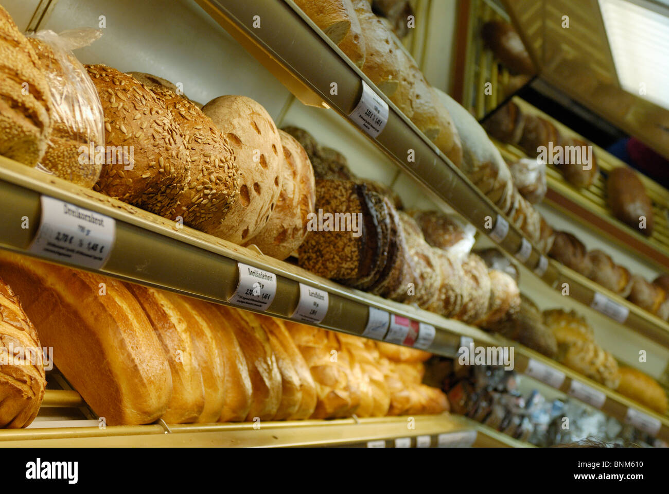 different types of bread in a stall Stock Photo