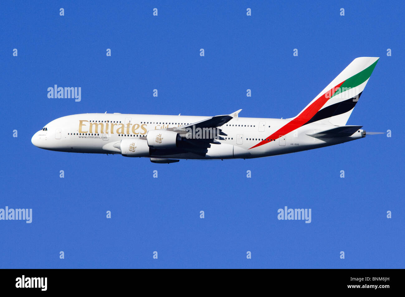 Emirates A380 Airbus plane in flight after departure from London Heathrow Airport, UK, bound for Dubai. Stock Photo