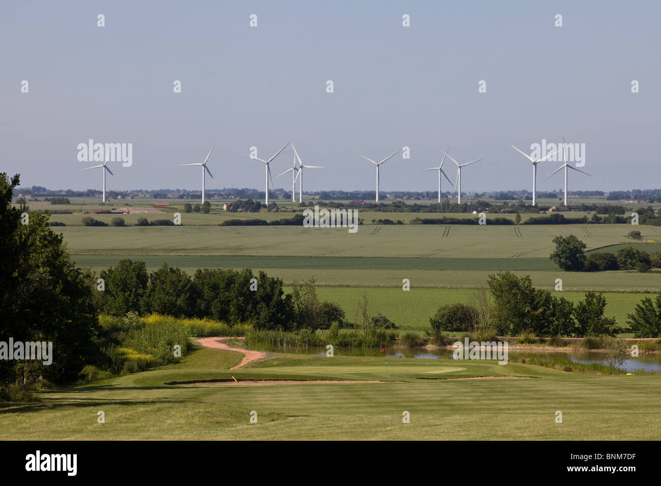 Wind farm in the Cambridgeshire Fens Stock Photo