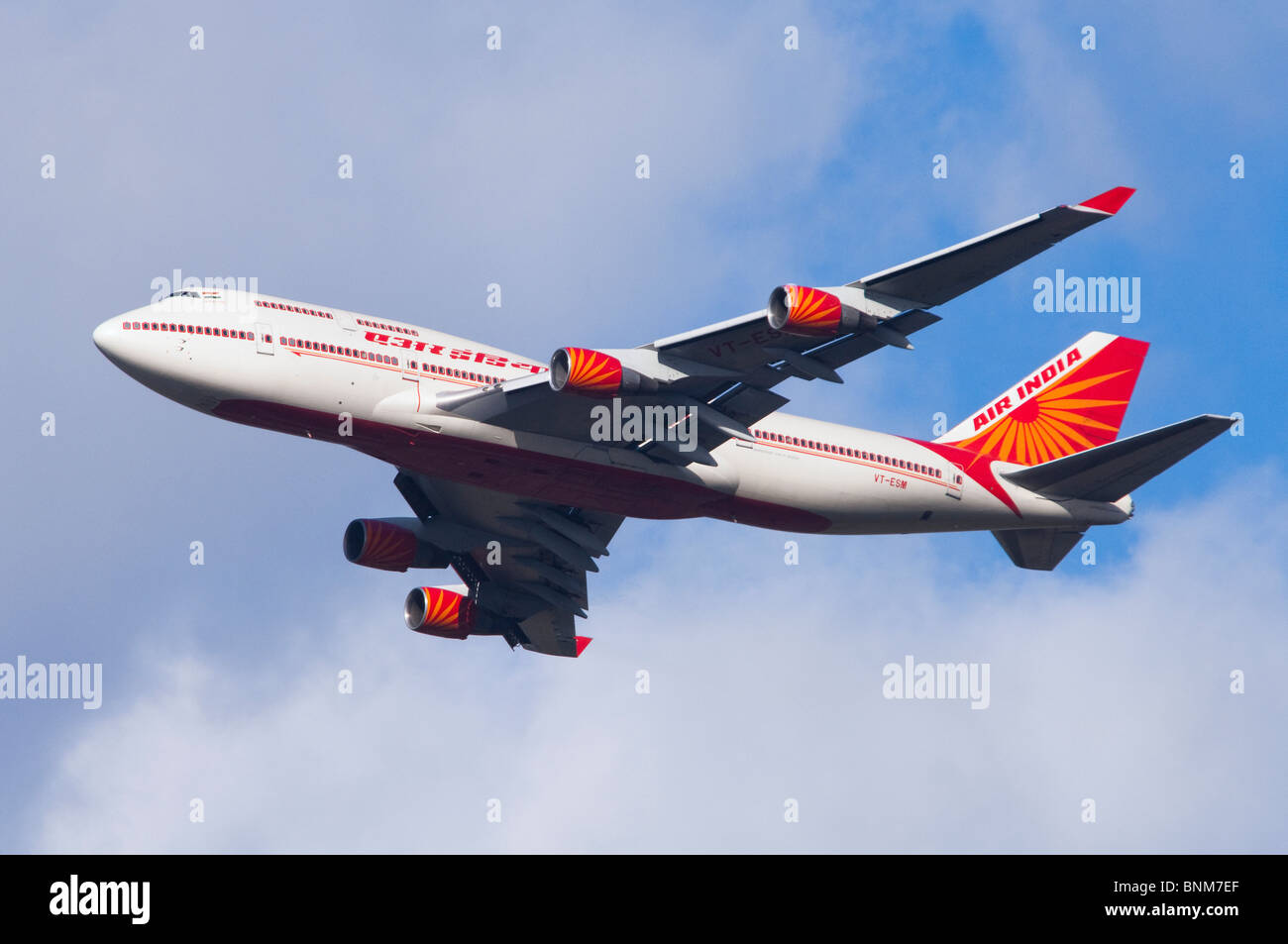 Boeing 747 operated by Air India climbing out from take off at London Heathrow Airport, UK. Stock Photo