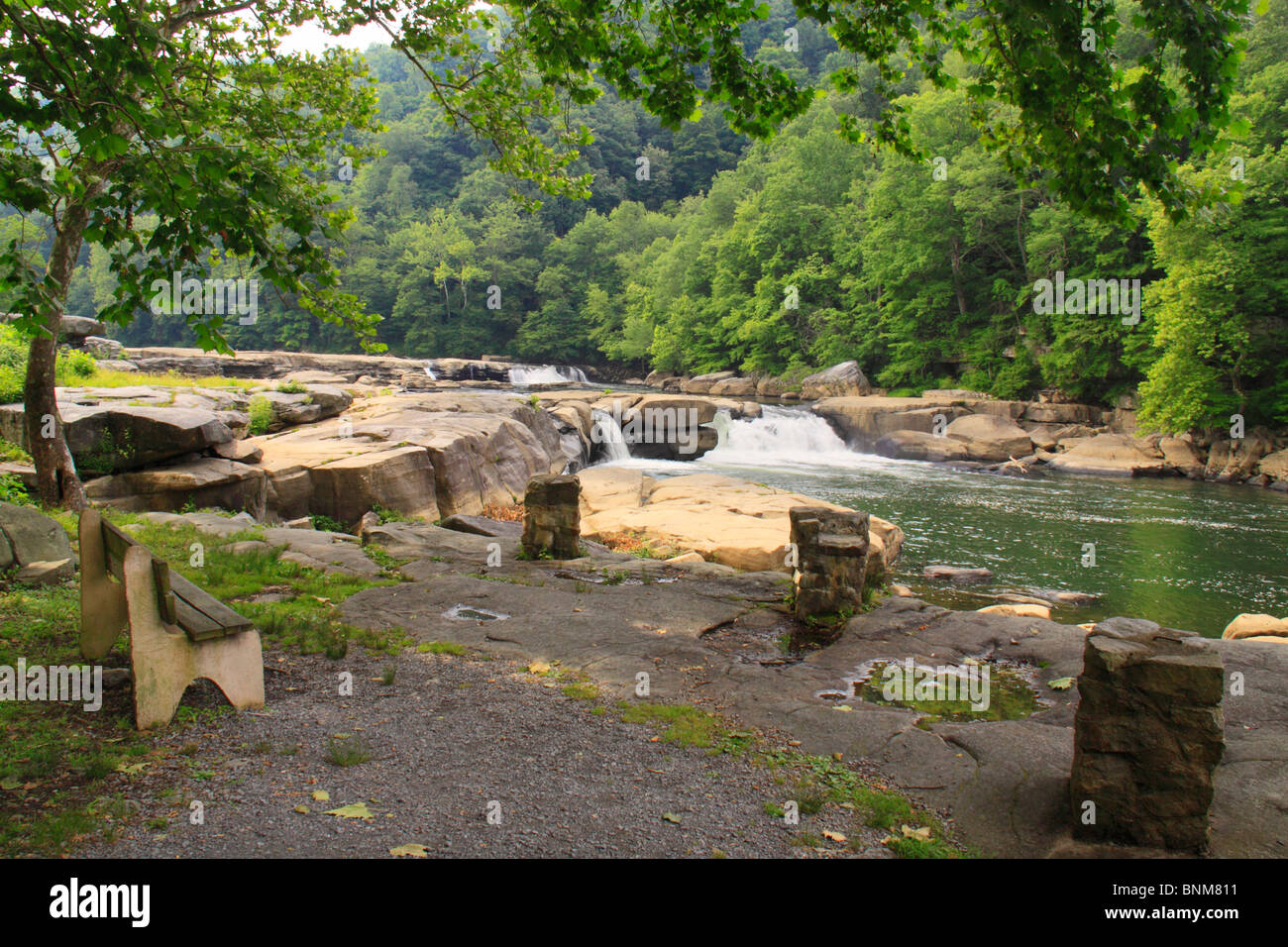 A bench overlooks the falls at Valley Falls State Park, Tygart Valley River, Grafton, West