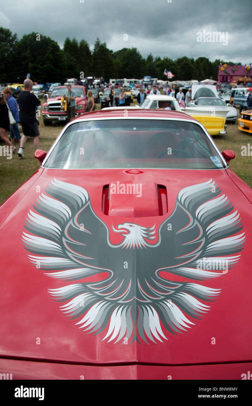 The front of a 1977 Pontiac Trans Am car at an American car show on 4th July 'Independence day' in Tatton Park, Cheshire. Stock Photo